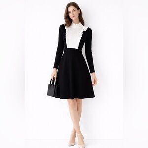 Sandro black white Dounia Ruffle Bib Knit Fit & Flare mini dress size 3 large
